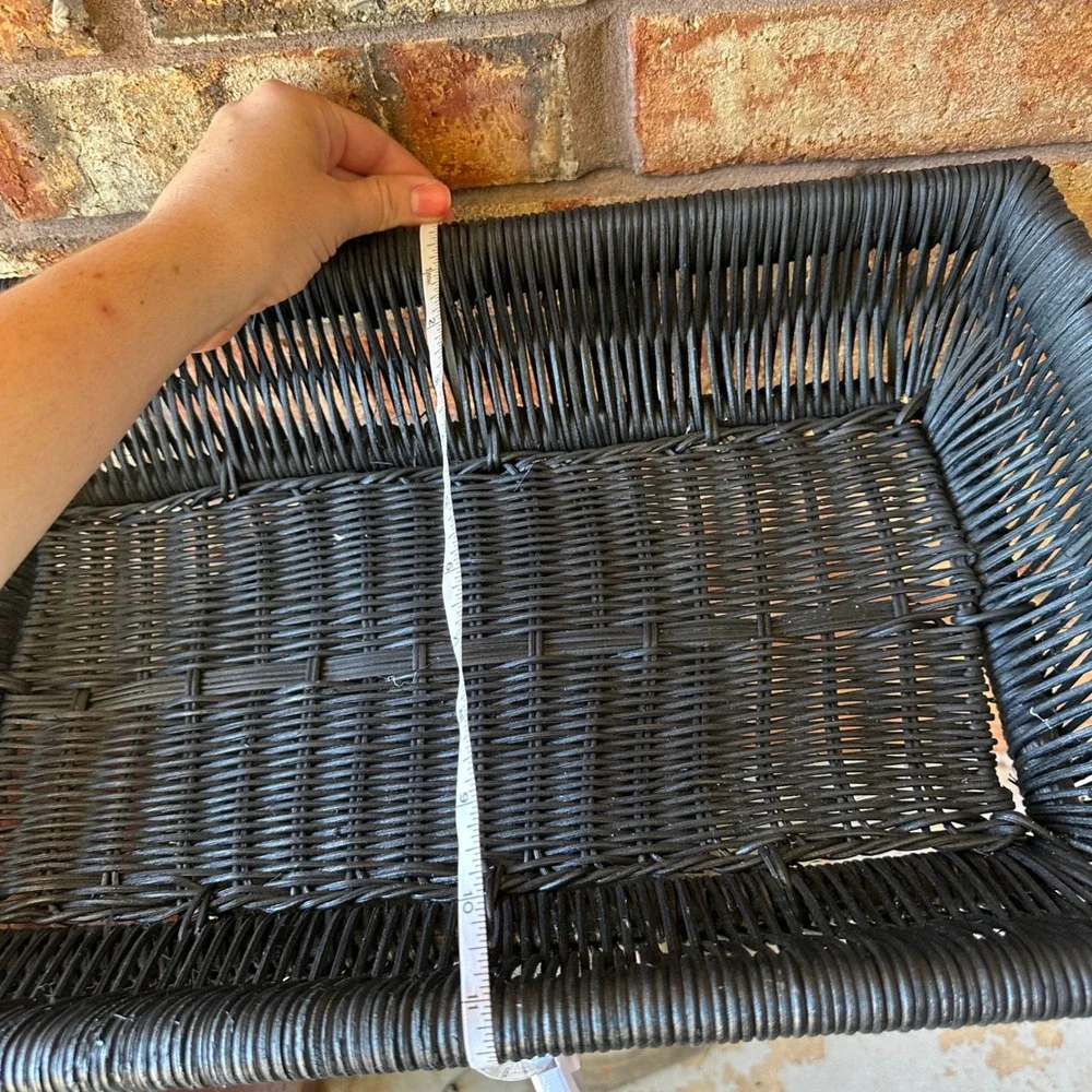 Black Woven Wicker Rectangular Serving Tray Basket with Handles Boho Decor